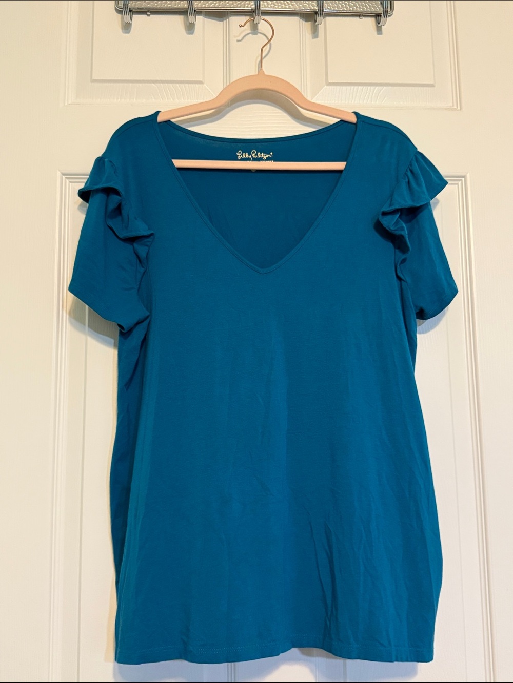 Lilly Pulitzer Teal V-Neck Short Ruffle Sleeve Top